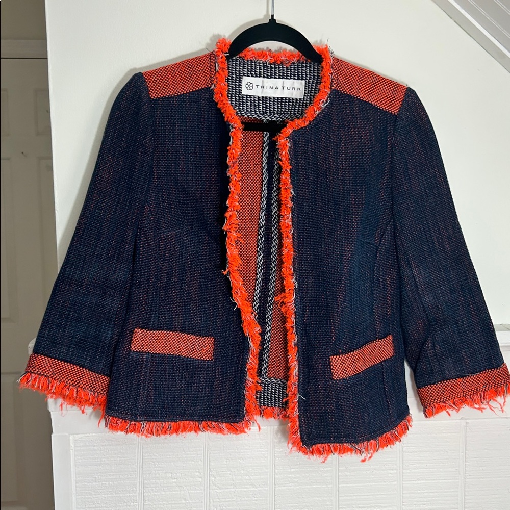 Trina Turk Mitra Pop Tweed Jacket Navy & Orange, silk cotton, fits like small - Picture 3 of 9